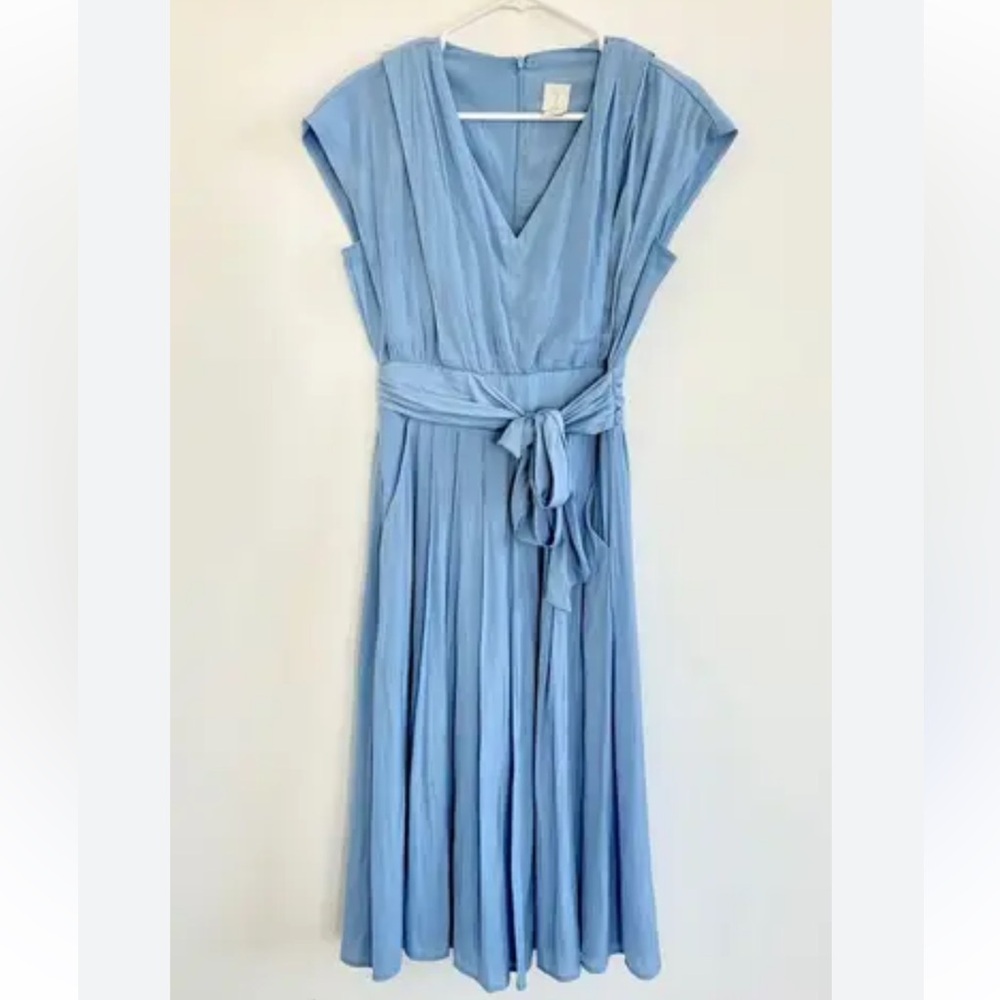 Joie NWT V-Neck Tie Waist Pleated Pockets Hidden Back Zip Close Midi Dress Sz 8
